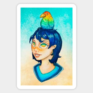 The watercolor girl and bird with background Magnet